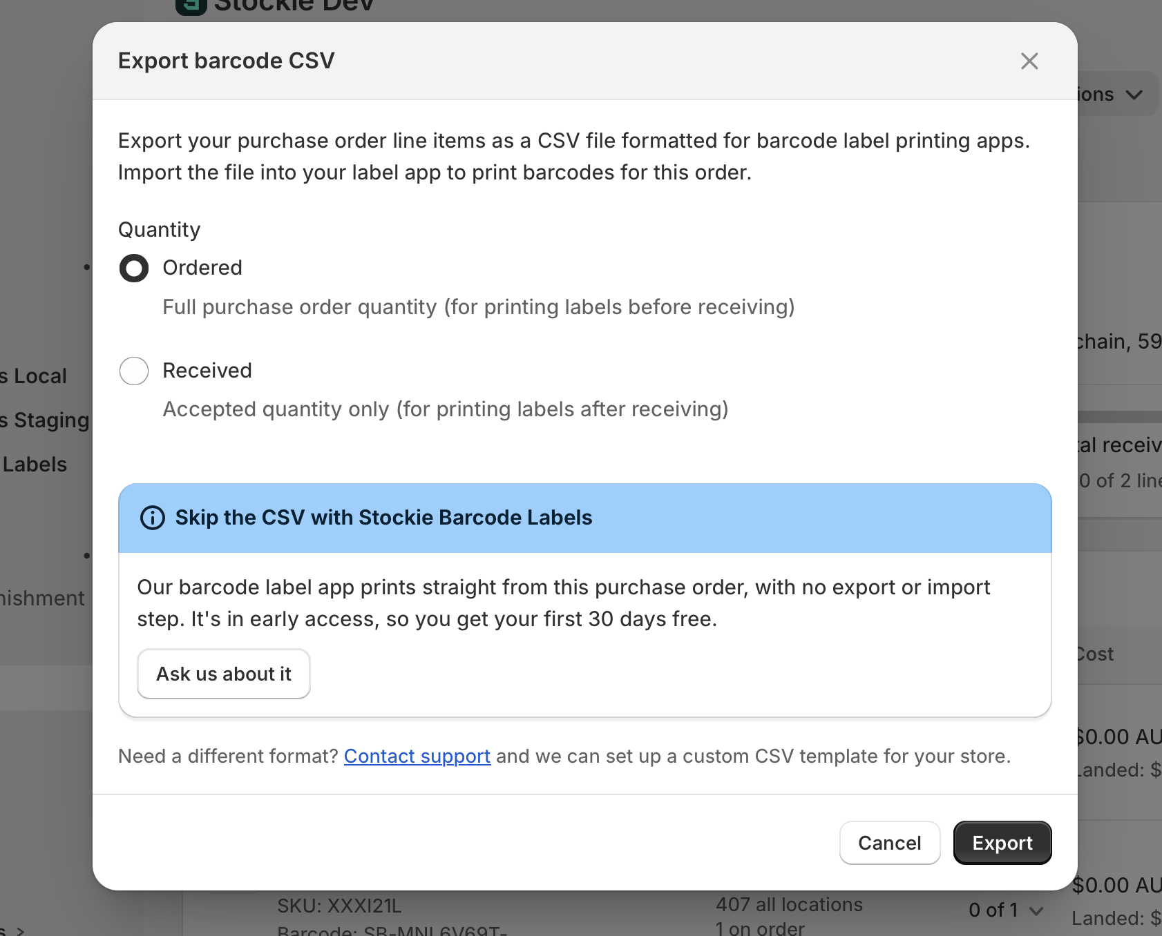 The Export barcode CSV dialog, with the ordered and received quantity choice
