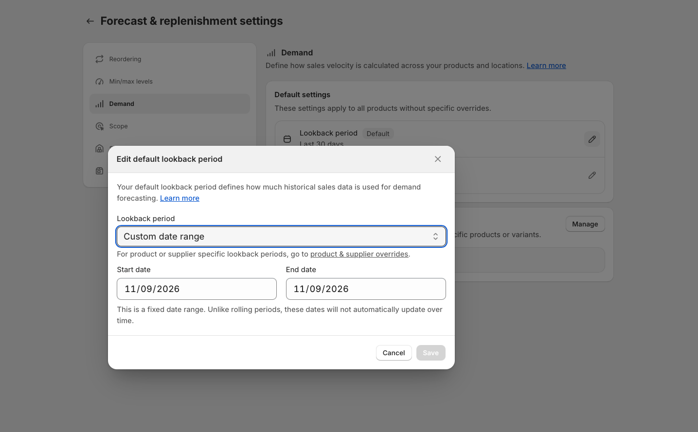 The lookback period selector set to Custom date range, with the start and end date pickers