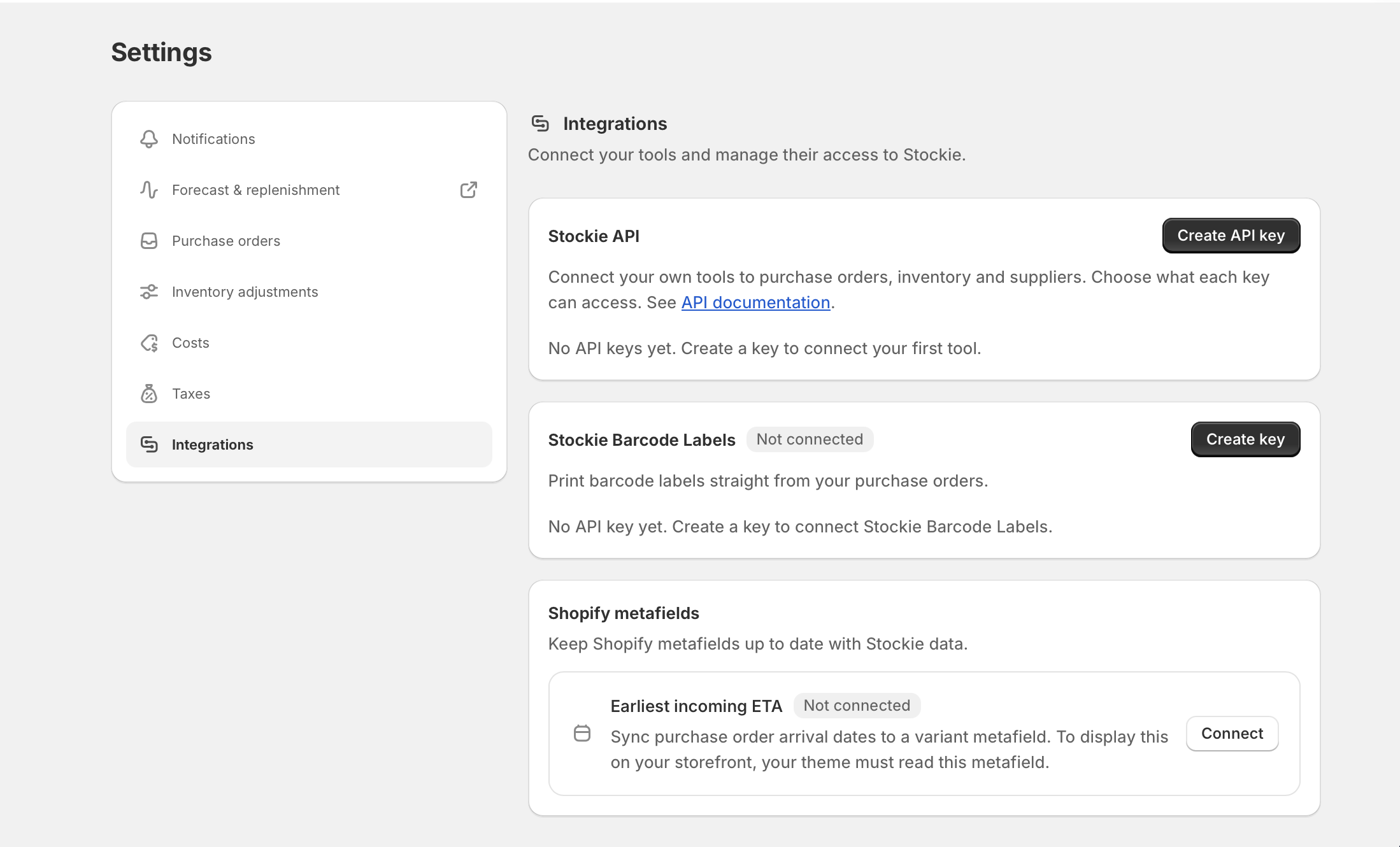 The Shopify metafields card under Settings, Integrations