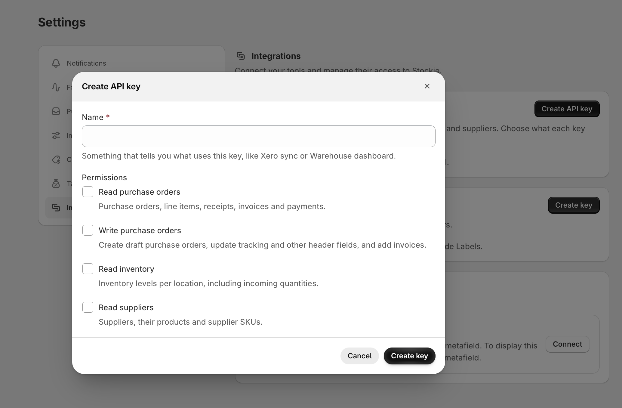the Stockie API card under Settings, Integrations, with one key listed