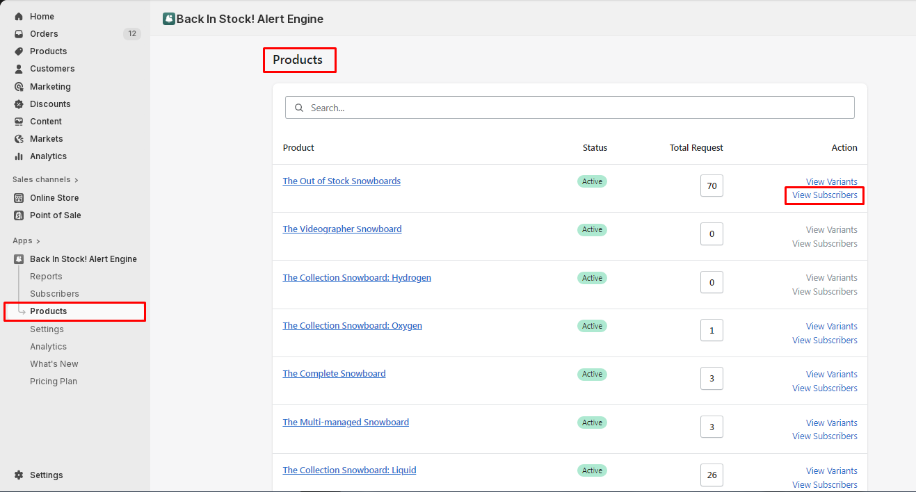 The Products page with the View Subscribers link highlighted.
