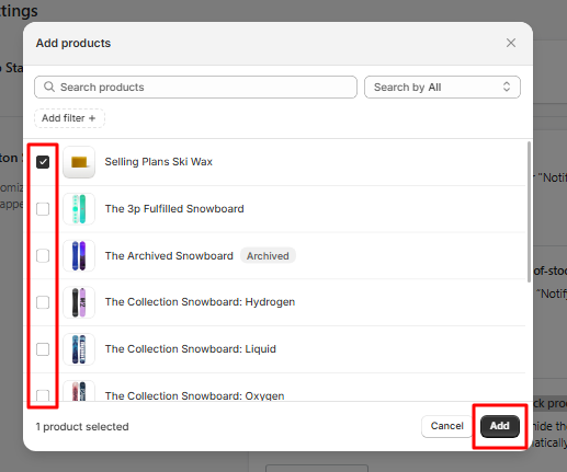 The Add products dialog with one product ticked and the Add button highlighted.