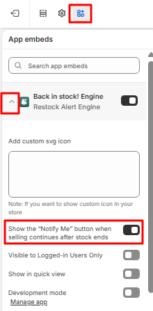 The Back in stock! Engine app embed settings with the option for products that keep selling turned on.