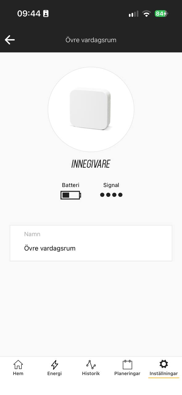 Innegivarens sida i Ngenic Tune-appen med indikatorerna Batteri och Signal.