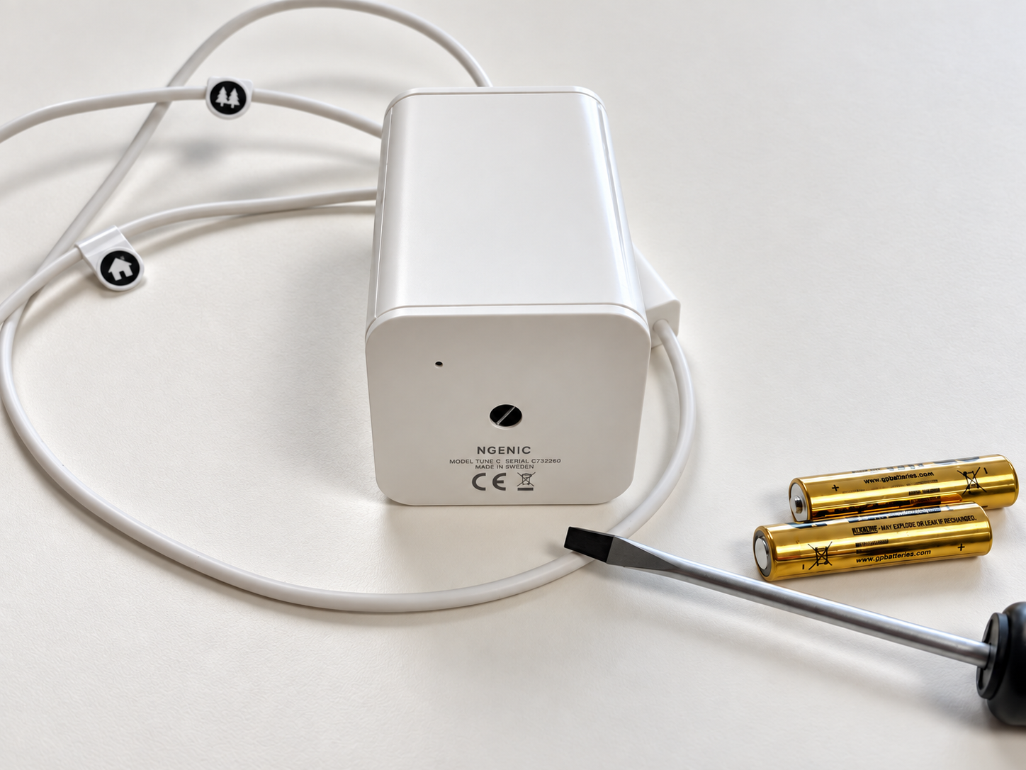 Ngenic Tune control box with Y-cable, two AAA batteries and a flat-head screwdriver