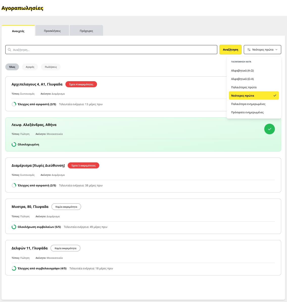 Λίστα με τις ανοιχτές αγοραπωλησίες στην πλατφόρμα titlos.com