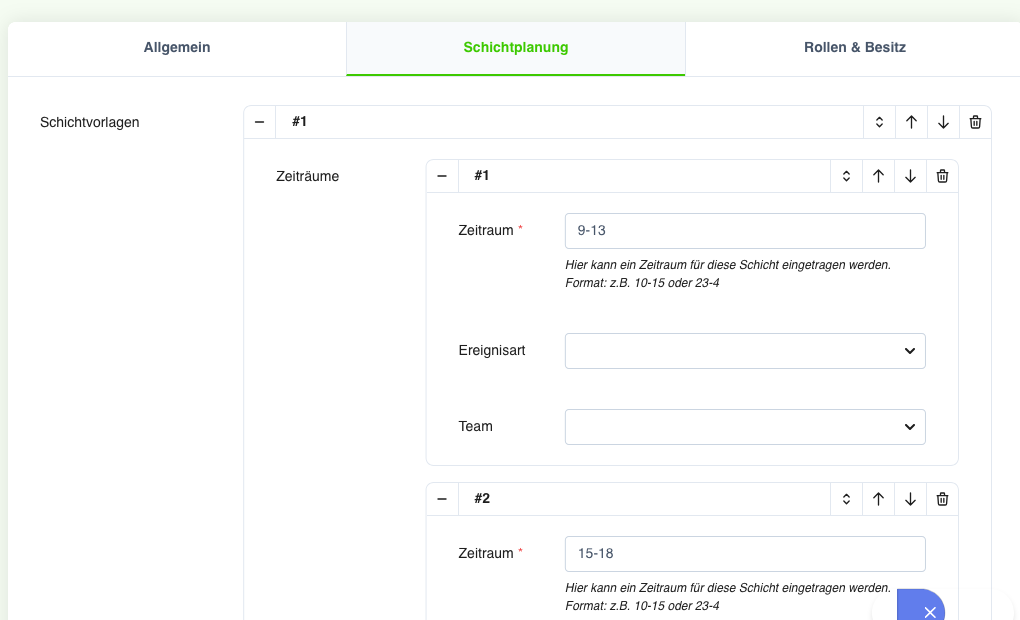 Plan-Einstellungen: Schichtvorlagen mit Zeitraum, Ereignisart und Team