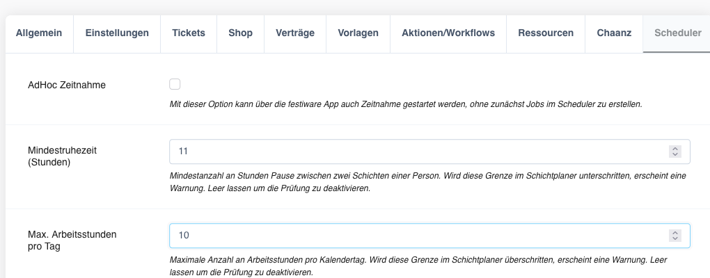 Projekteinstellungen: Scheduler-Tab mit Mindestruhezeit und Max. Arbeitsstunden