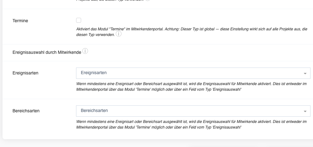 Mitwirkendenportal-Module: Termine und Ereignisauswahl-Einstellungen