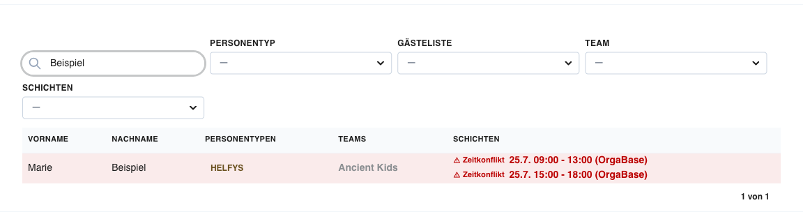 Schichten-Spalte mit Zeitkonflikt-Warnungen