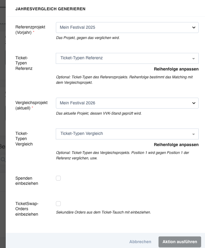 Action-Dialog mit Projekt-Auswahl