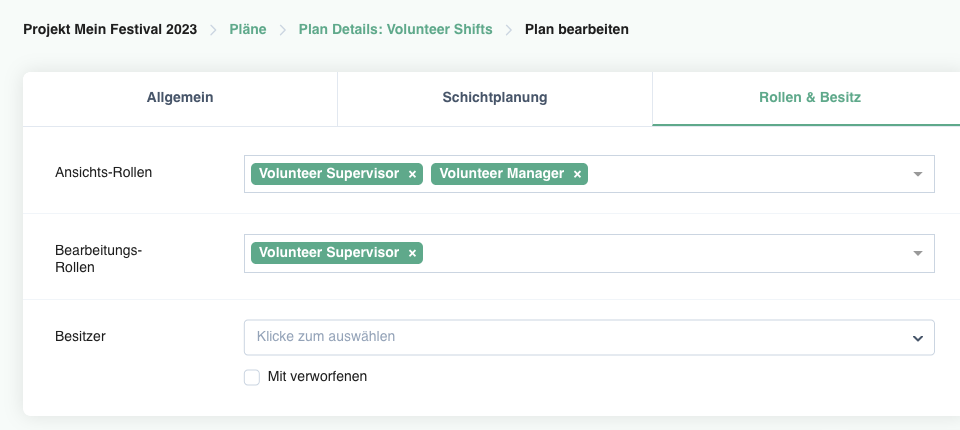 Plan-Einstellungen: Tab Rollen & Besitz mit Ansichts- und Bearbeitungsrollen