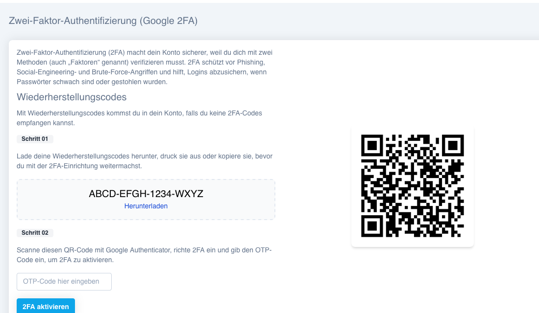2FA-Einrichtungsseite mit QR-Code und Wiederherstellungscode