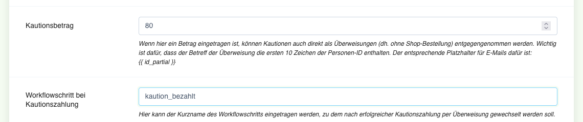 Banking-Einstellungen mit Kautionsbetrag und Workflow-Schritt