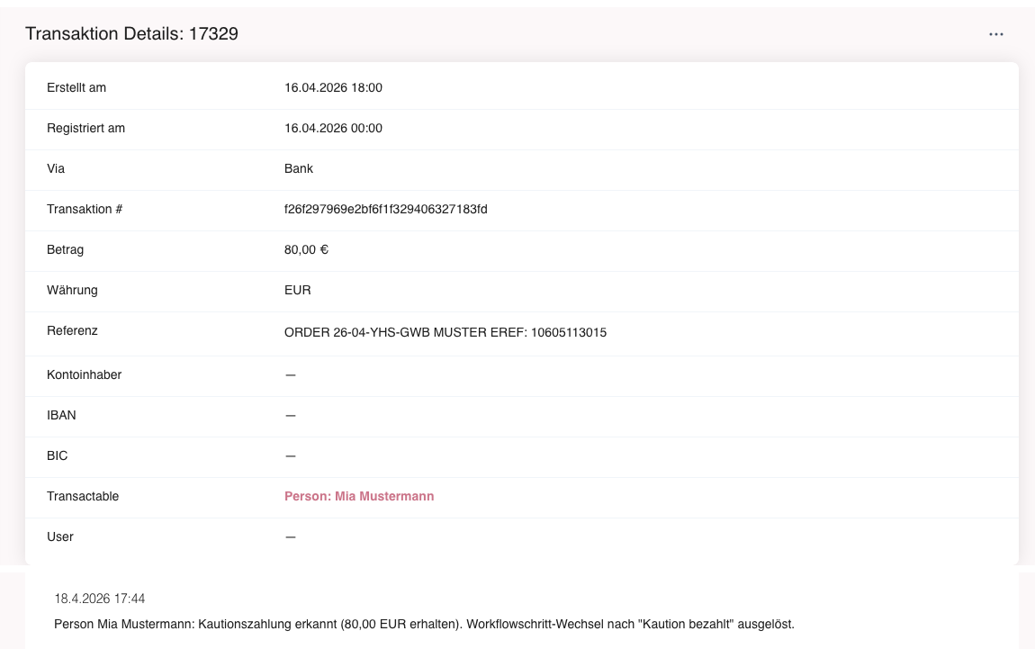 Transaktion mit Kautions-Kommentar nach erfolgreicher Zuordnung