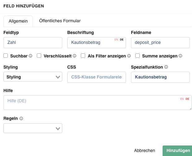 Formular-Feld mit Spezialfunktion Kautionsbetrag