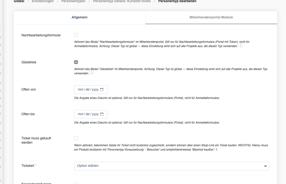 Gästelisten-Modul am Personentyp aktivieren