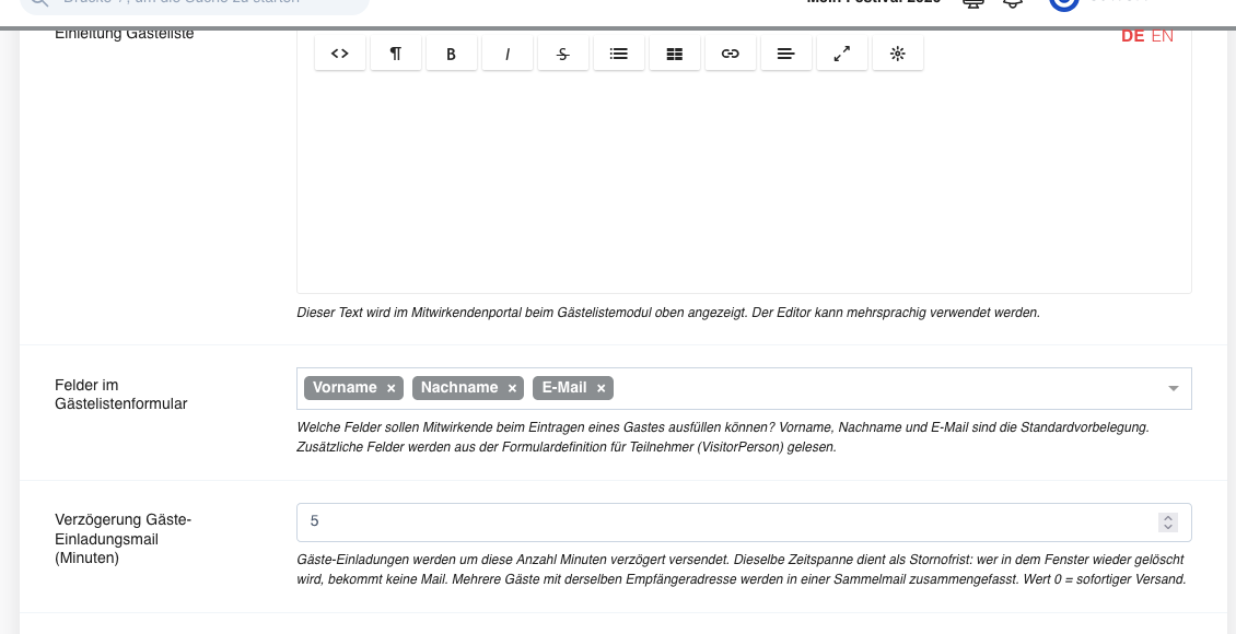 Projekteinstellungen für die Gästeliste