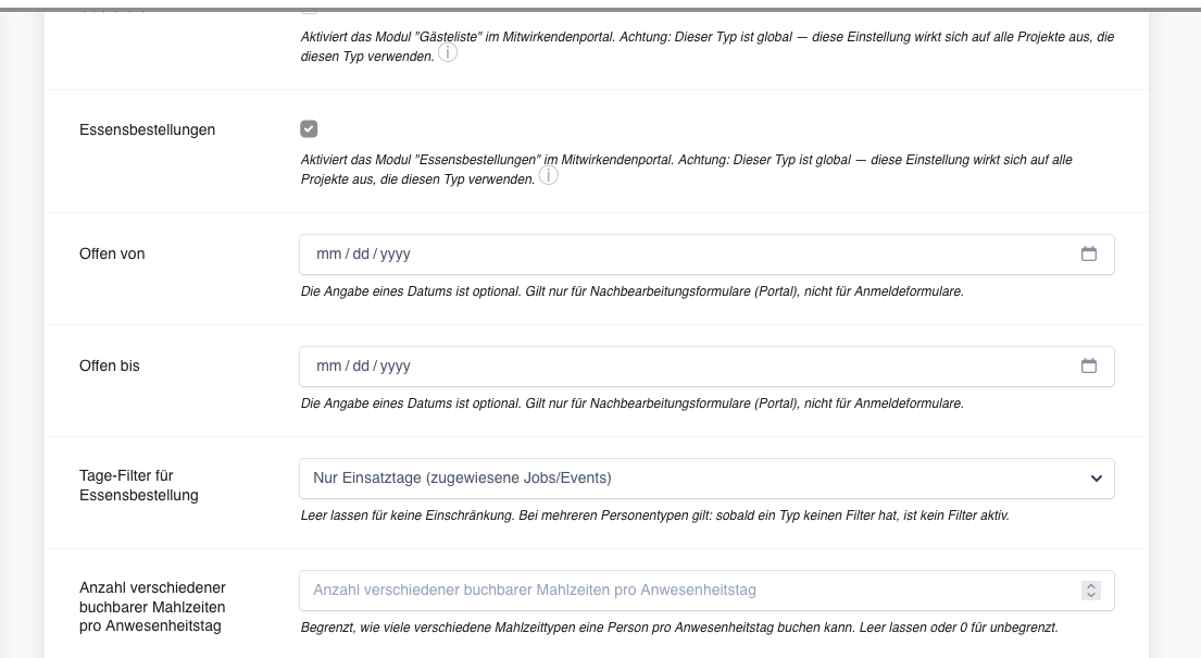 Personentyp-Einstellungen: Mitwirkendenportal-Tab mit Essensbestellungen, Offen von/bis, Tage-Filter und Tageslimit