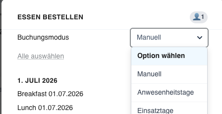 Das Feld 'Buchungsmodus' im Dialog zeigt drei Optionen: Manuell, Anwesenheitstage und Einsatztage