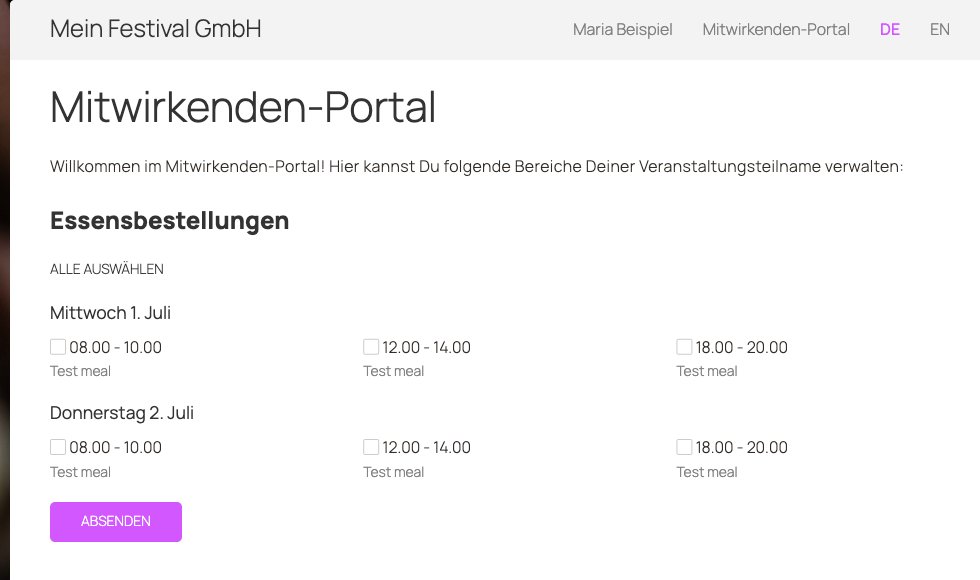 Mitwirkenden-Portal: Die Essensbestellungen-Maske zeigt Mahlzeiten nach Tagen gegliedert — hier nur Einsatztage dank aktivem Tage-Filter