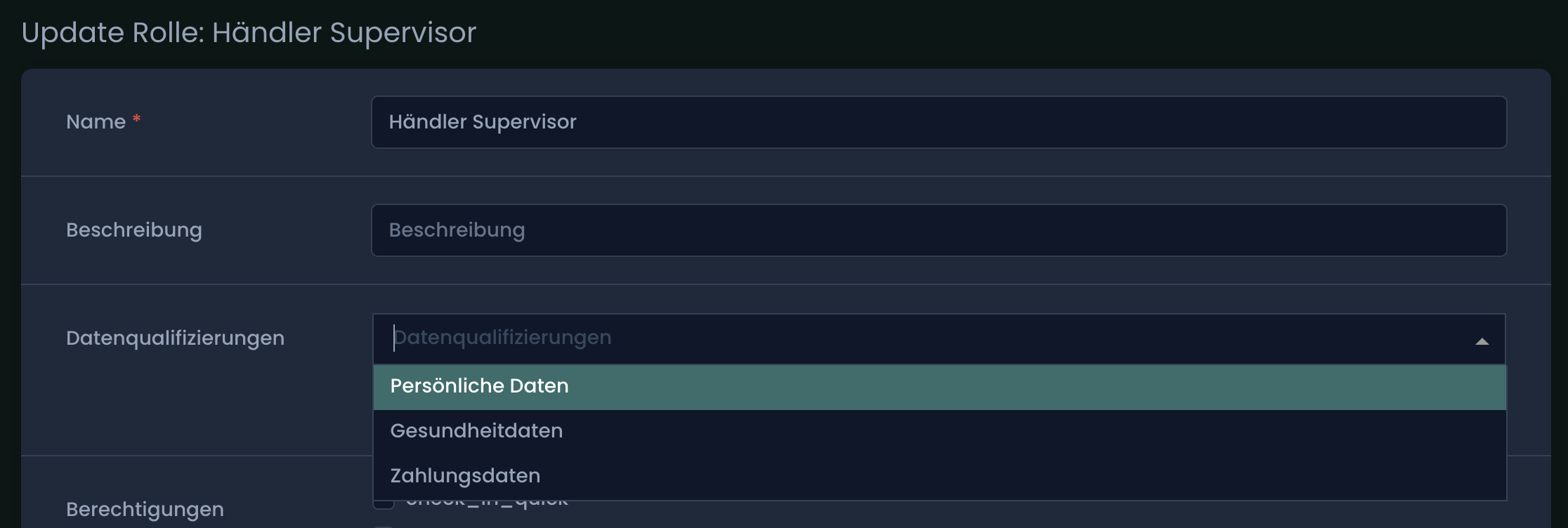 DQT-Auswahl in der Rollenkonfiguration