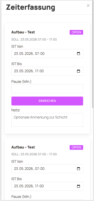 Erfassungsmaske im Portal mit IST-Zeiten, Pause und Einreichen-Button