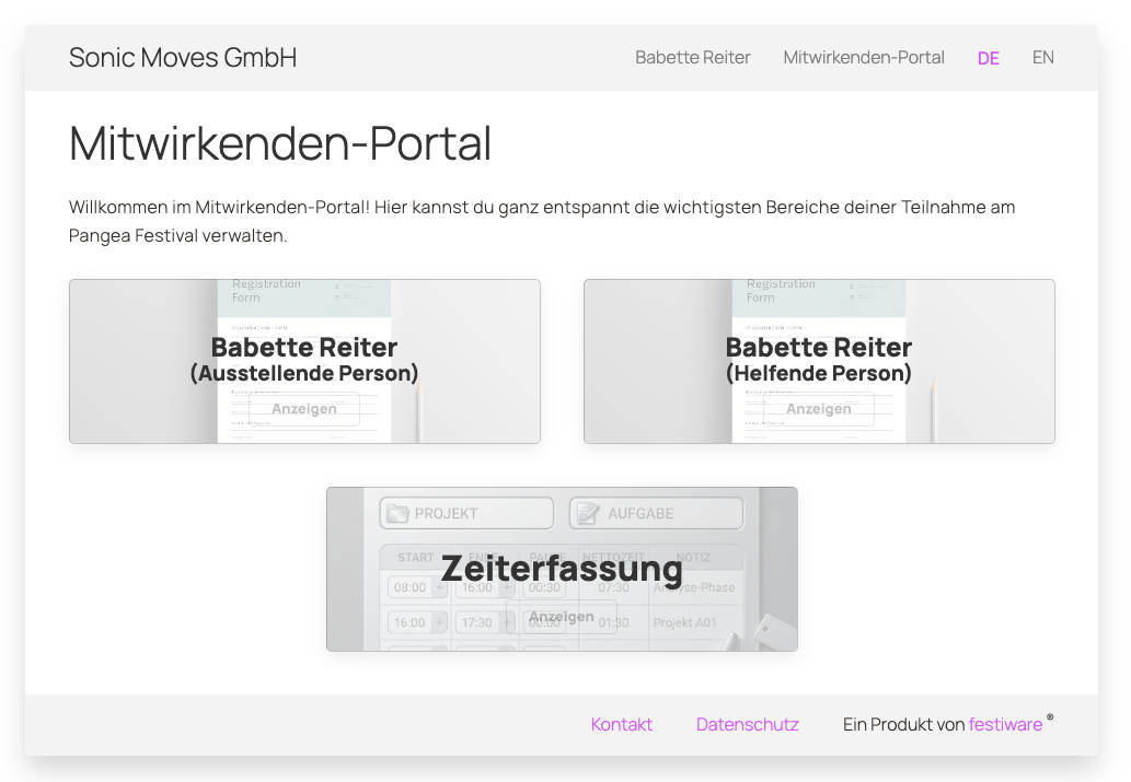 Mitwirkendenportal mit der Kachel Zeiterfassung