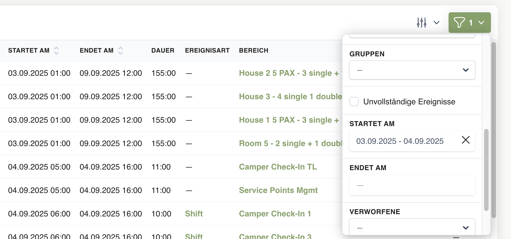 Datumsfilter „Startet am" und „Endet am" im Filter-Panel der Ereignis-Übersicht