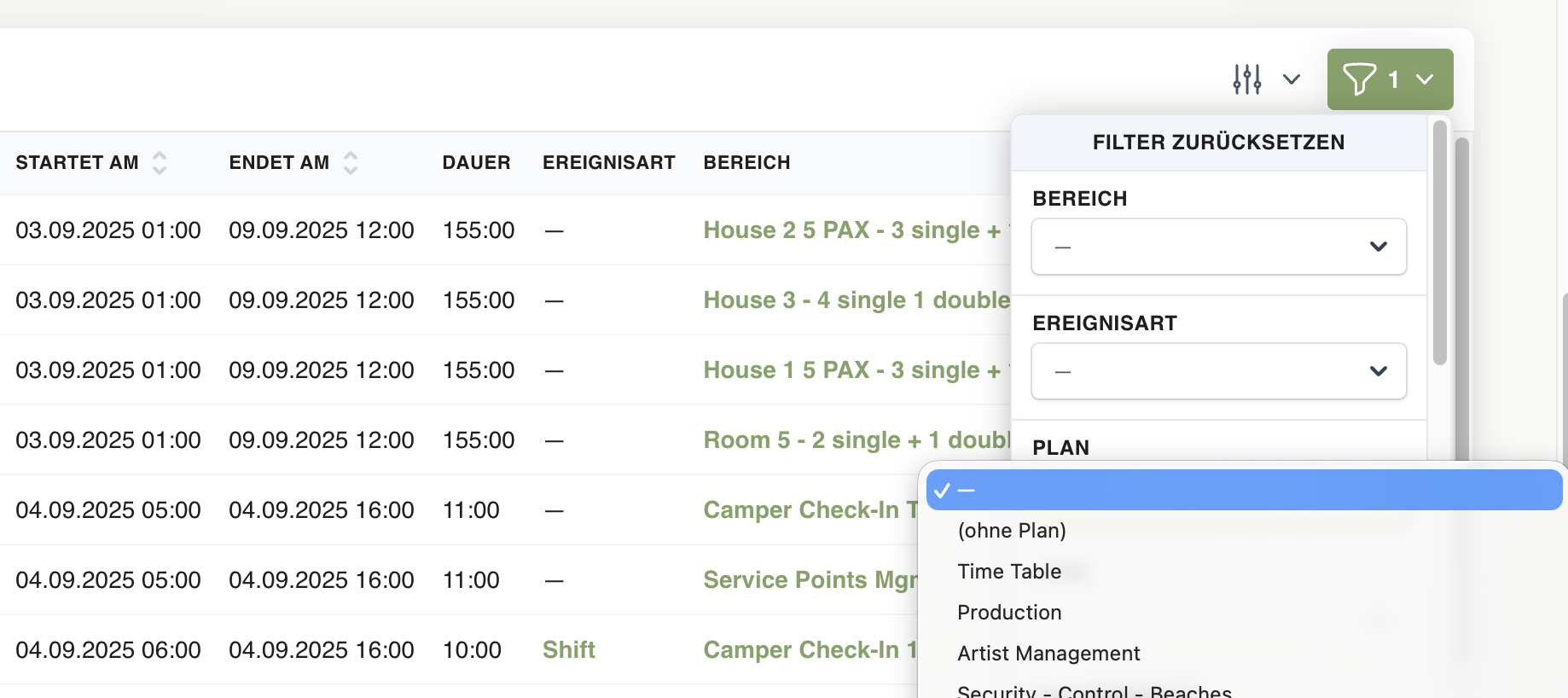 Plan-Filter mit aufgeklapptem Auswahlmenü, inklusive der Option „(ohne Plan)"