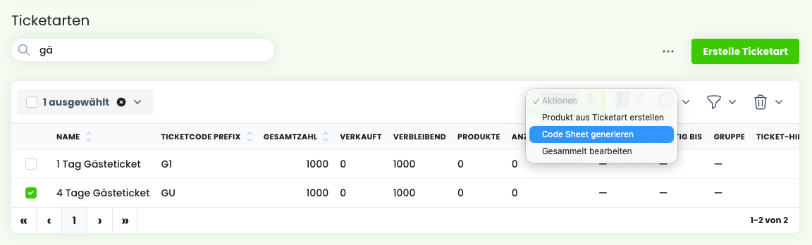 Aktion Code Sheet generieren im Aktionsmenü der Ticketarten