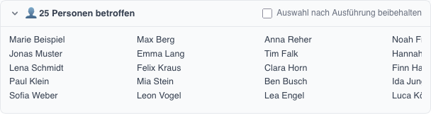 Aufgeklapptes Panel mit Anzahl betroffener Einträge und Checkbox zum Beibehalten der Auswahl