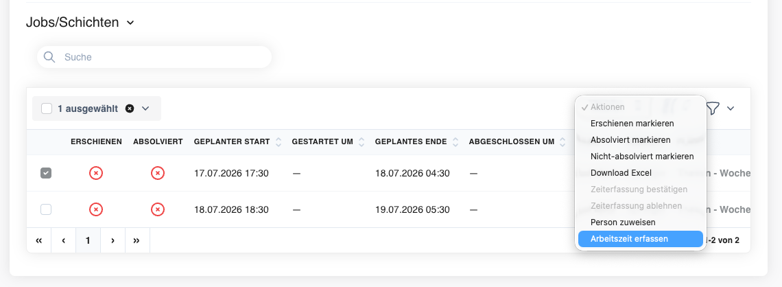 Die Aktion „Arbeitszeit erfassen“ im Aktionen-Menü einer ausgewählten Schicht