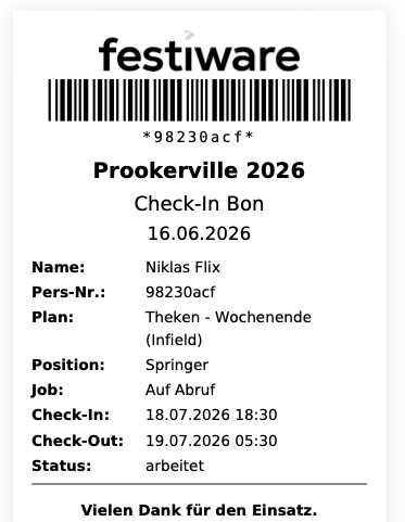 Check-In-Bon mit Name, Personalnummer, Plan und den erfassten Zeiten