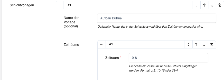 Das Feld „Name der Vorlage“ im Tab Schichtplanung