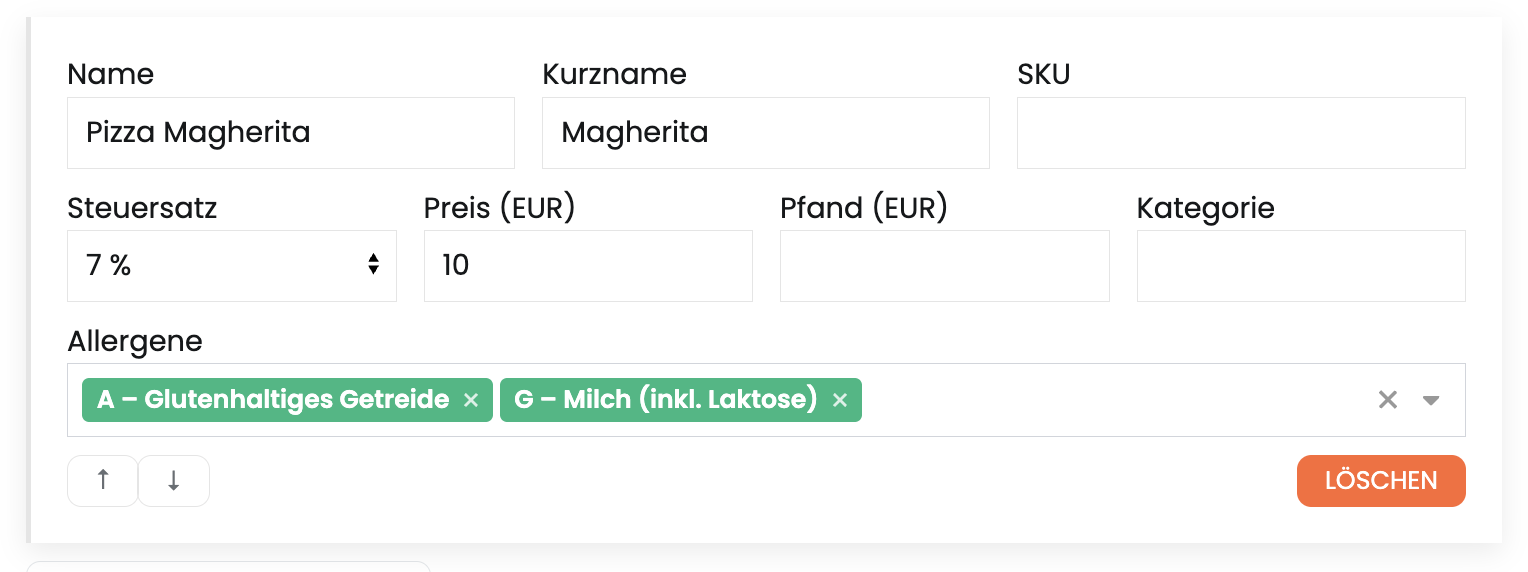 Eine Position mit Name, Kurzname, Steuersatz, Preis und Allergenen