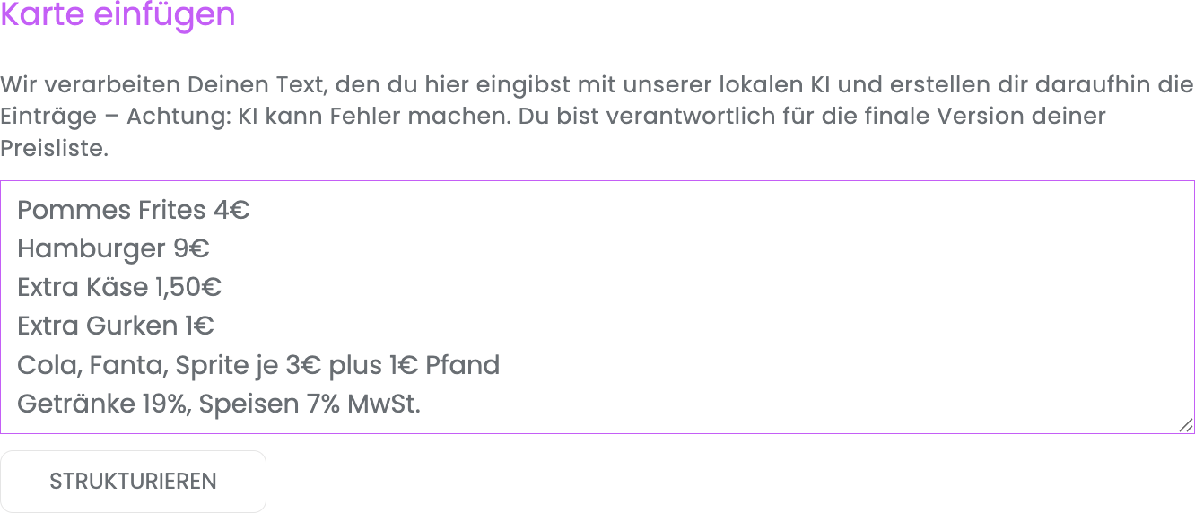 Bereich Karte einfügen mit eingefügtem Text und Schaltfläche Strukturieren