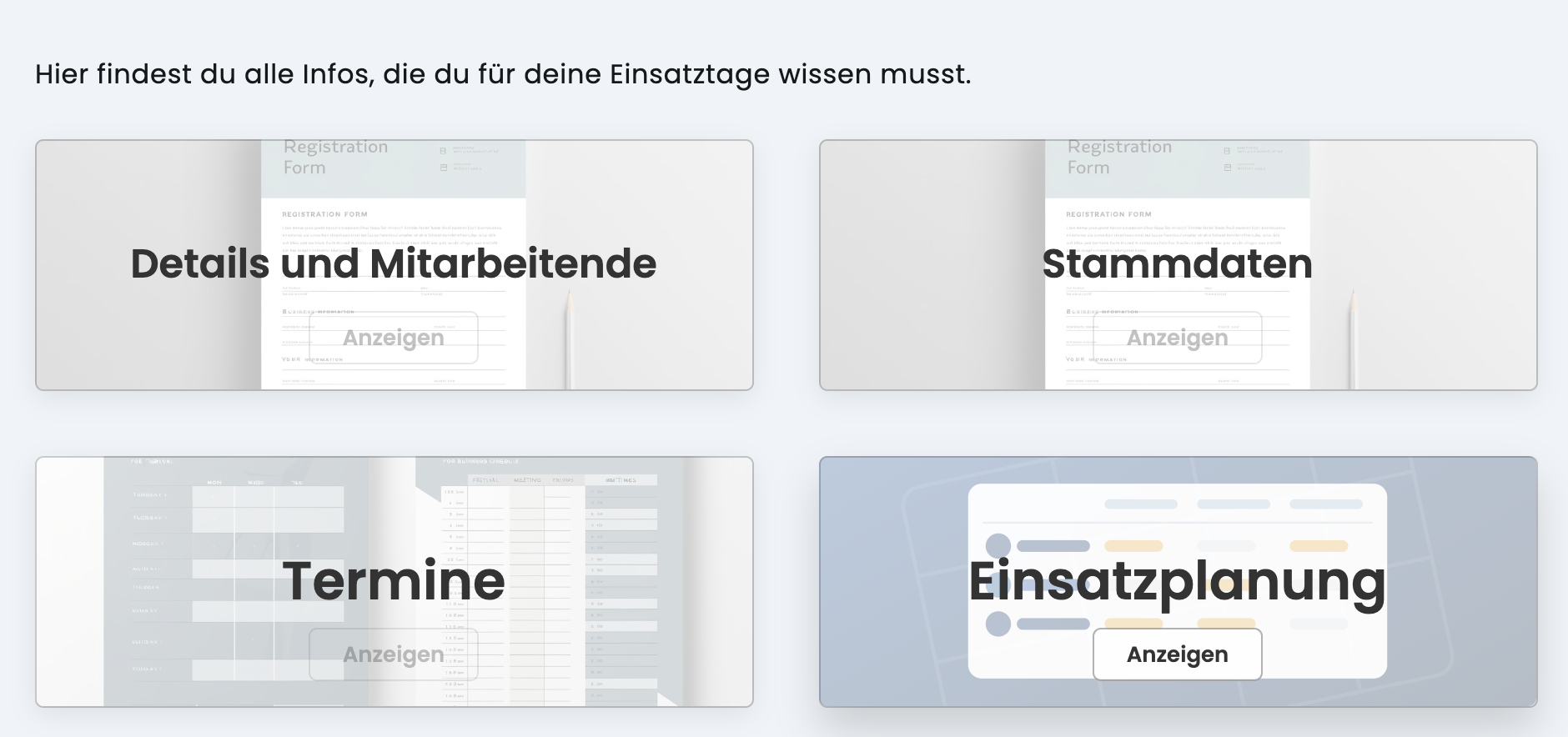 Die Kachel Einsatzplanung im Crew-Portal, neben Details und Mitarbeitende, Stammdaten und Termine
