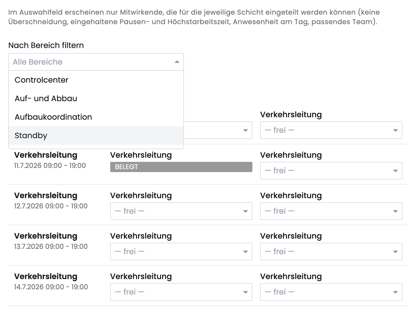 Das Feld Nach Bereich filtern mit aufgeklappter Auswahl der verfuegbaren Bereiche