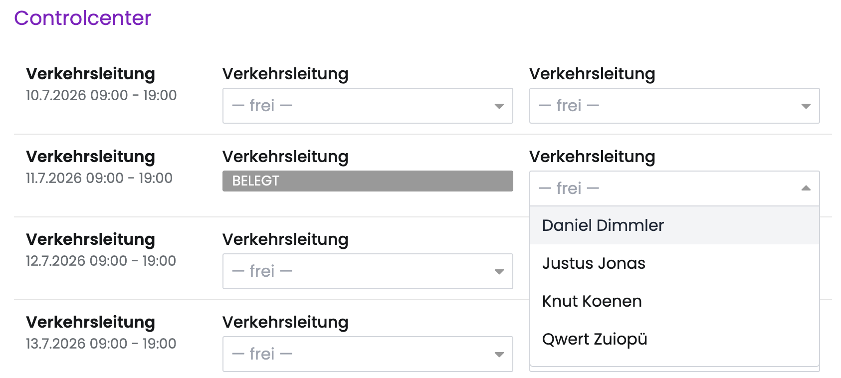 Geoeffnetes Auswahlfeld mit den einsetzbaren Personen; eine fremd belegte Schicht ist als belegt markiert