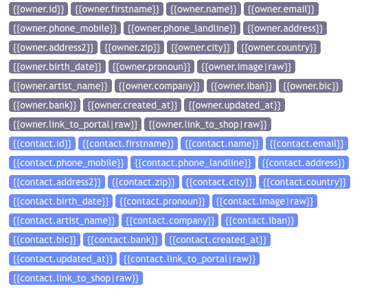 Platzhalterliste im Editor mit owner- und contact-Platzhaltern