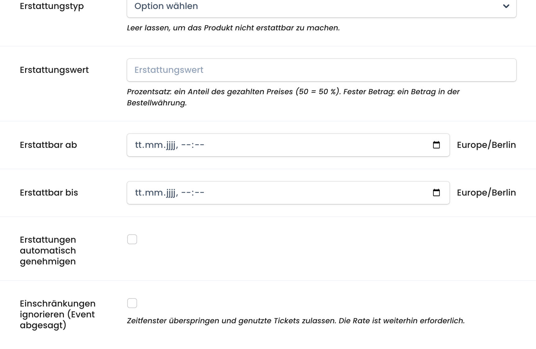 Erstattungseinstellungen am Produkt: Erstattungstyp, -wert, Zeitfenster und Optionen
