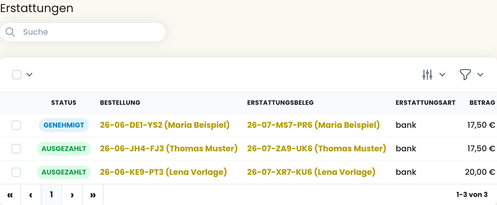 Erstattungen-Übersicht mit Status Genehmigt und Ausgezahlt