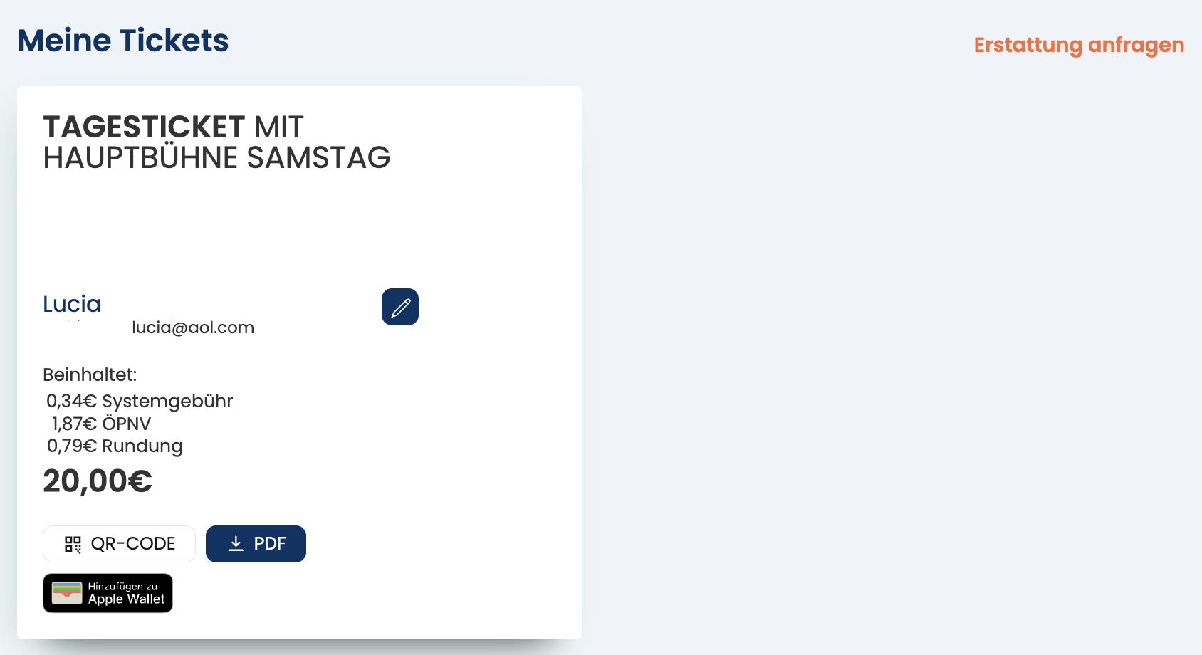 Meine Tickets mit QR-Code-, PDF- und Apple-Wallet-Button