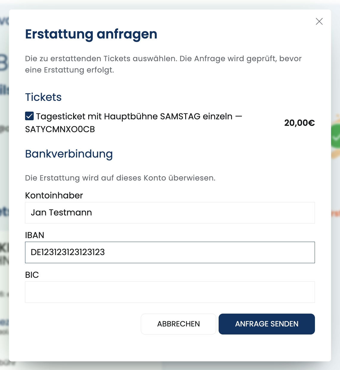 Erstattung-anfragen-Fenster mit Ticket-Auswahl und Bankverbindung