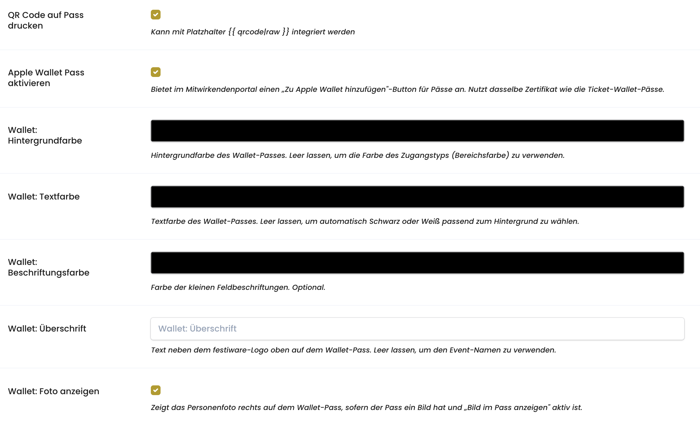 Apple-Wallet-Einstellungen für Pässe in den Projekteinstellungen