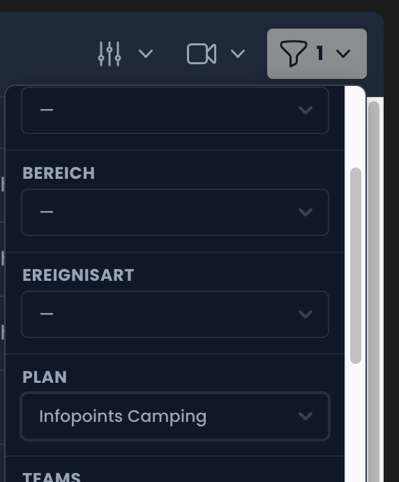 Filter-Panel mit Bereich, Ereignisart, Plan und Teams