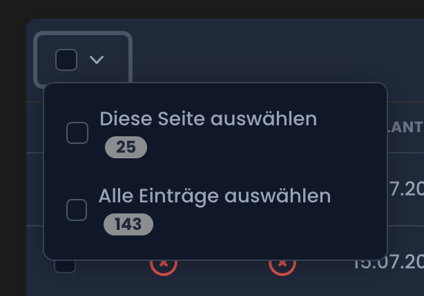 Auswahl-Menü mit den Optionen Diese Seite auswählen und Alle Einträge auswählen