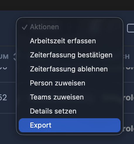 Aktionen-Menü mit ausgewählter Aktion Export