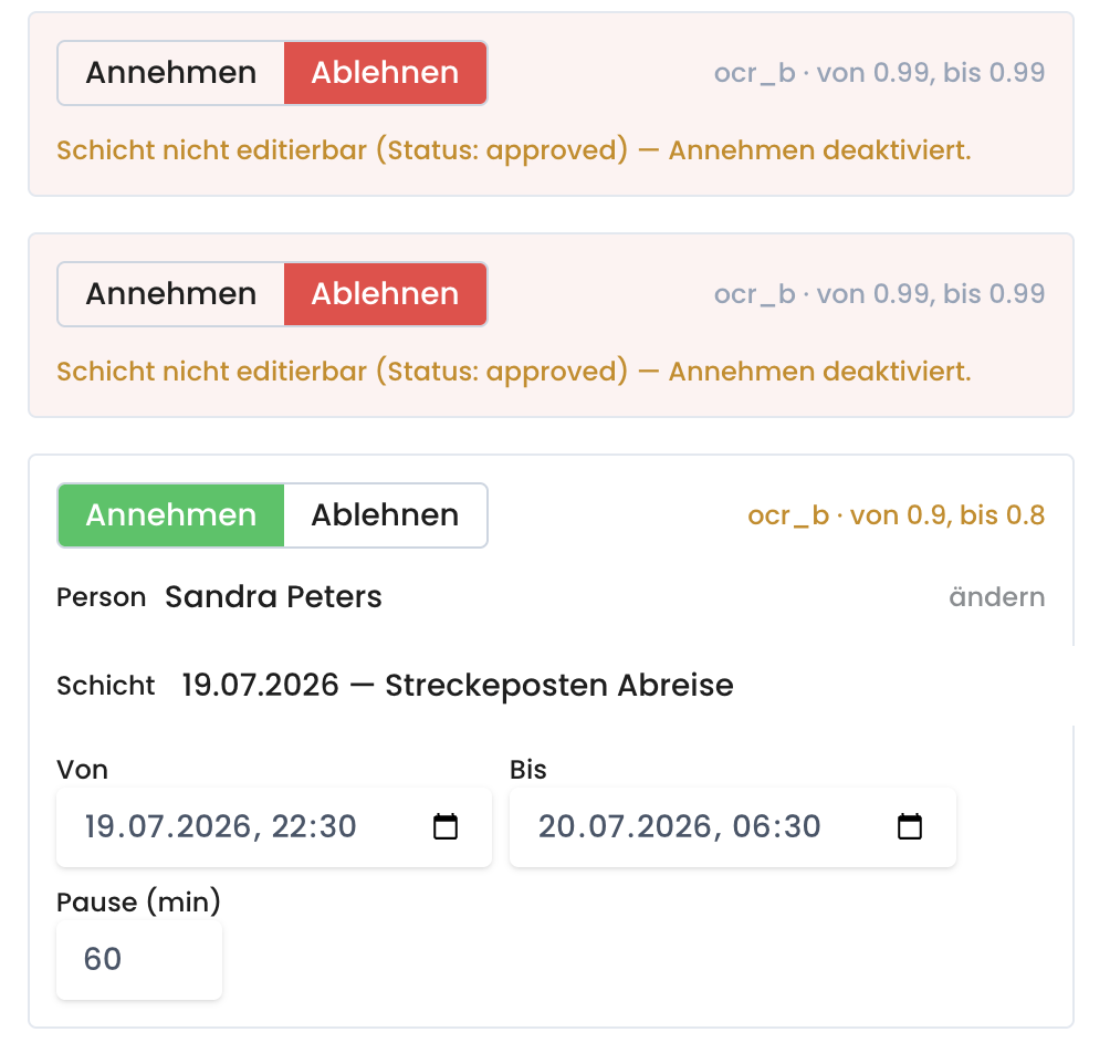 Prüf-Fenster mit einer Zeile pro erkanntem Eintrag